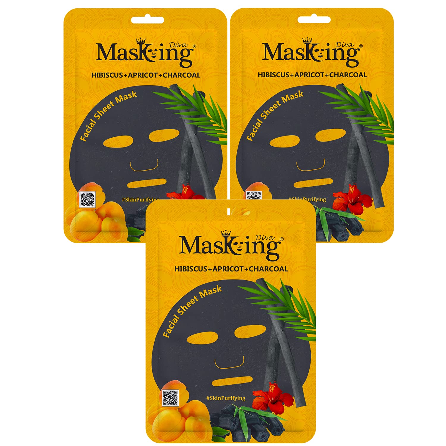 Masking Charcoal Bamboo Facial Sheet Mask Skin Detox and Cleansing Hibiscus, Apricot & Charcoal Sheet Mask for Women Men 25ml Each Pack of 03