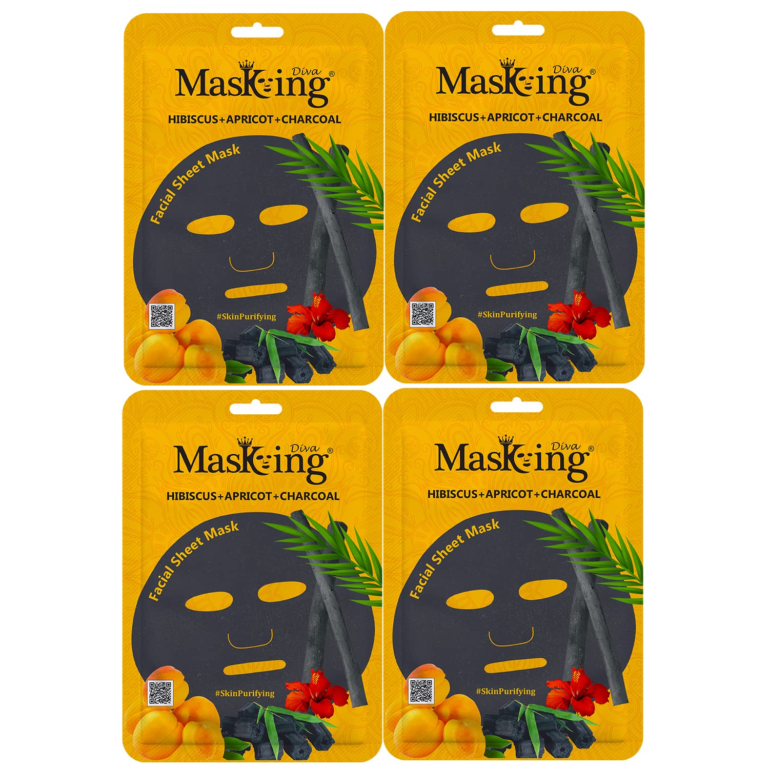 Masking Charcoal Bamboo Facial Sheet Mask Skin Detox and Cleansing Hibiscus Apricot & Charcoal Sheet Mask for Women Men 25ml Each Pack of 04