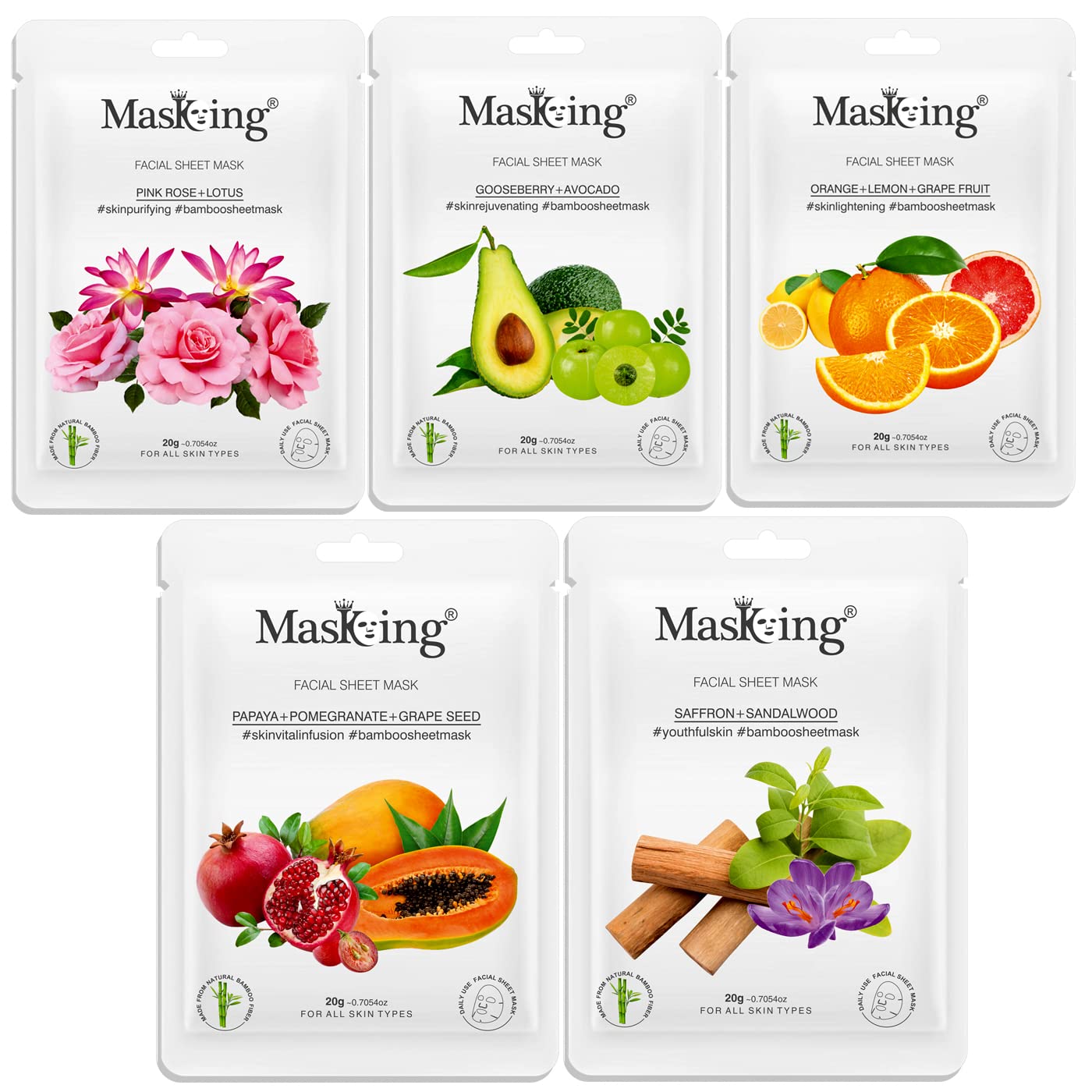 Masking Facial Sheet Mask of Pink Rose, Gooseberry, Orange, Papaya & Neem Bamboo Sheet Based Ideal for Glowing Skin Women Men (Combo Pack of 5)