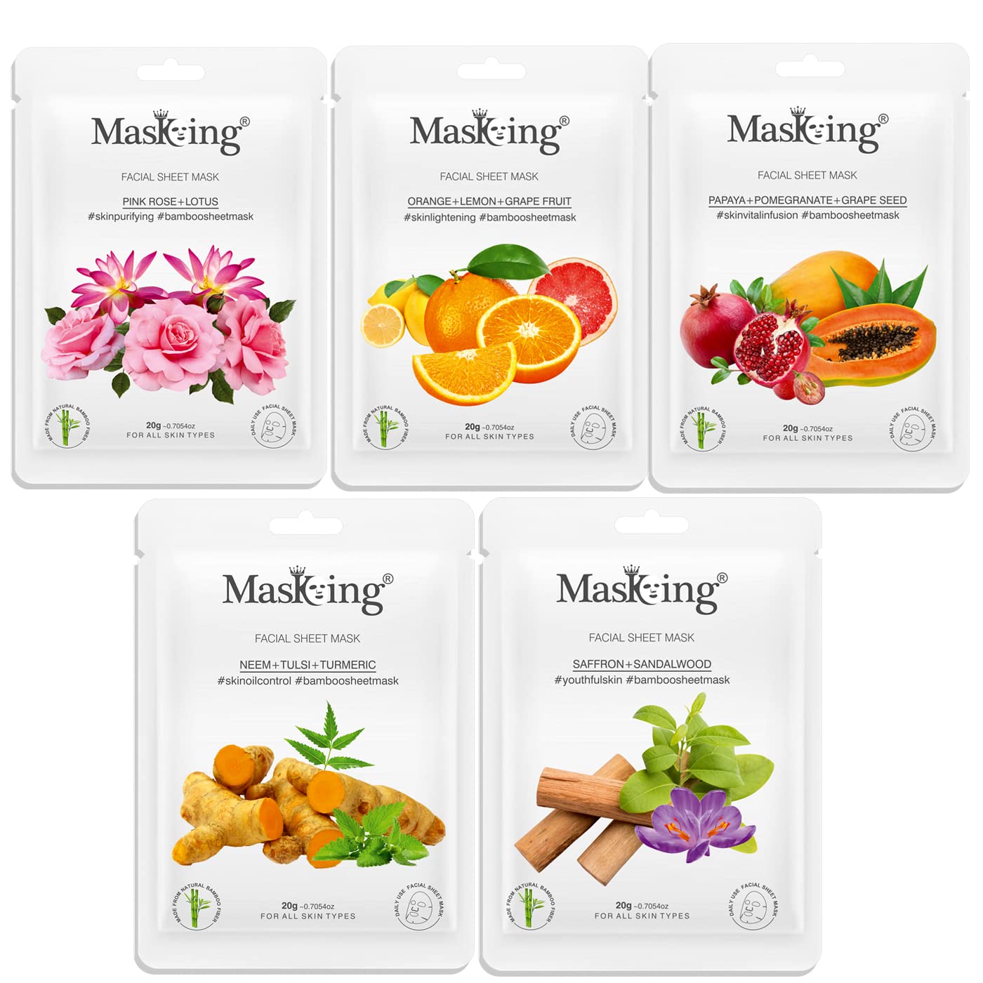 MasKing Bamboo Facial Sheet Mask of Pink Rose, Orange, Papaya, Neem & Saffron Ideal for Women & Men, 100ml (Combo Pack of 5)