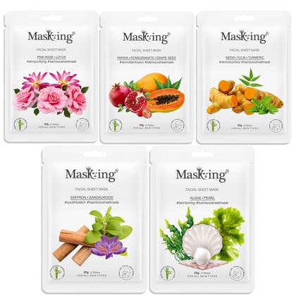 MasKing Bamboo Facial Sheet Mask of Pink Rose, Papaya, Neem, Saffron & Algae Ideal for Women & Men, 100ml (Combo Pack of 5)