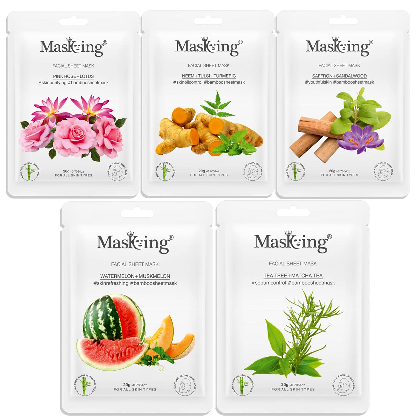 MasKing Bamboo Facial Sheet Mask of Pink Rose, Neem, Saffron, Algae & Watermelon Ideal for Women & Men, 100ml (Combo Pack of 5)