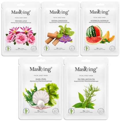 MasKing Bamboo Facial Sheet Mask of Pink Rose, Saffron, Algae, Watermelon & Tea Tree Ideal for Women & Men, 100ml (Combo Pack of 5)