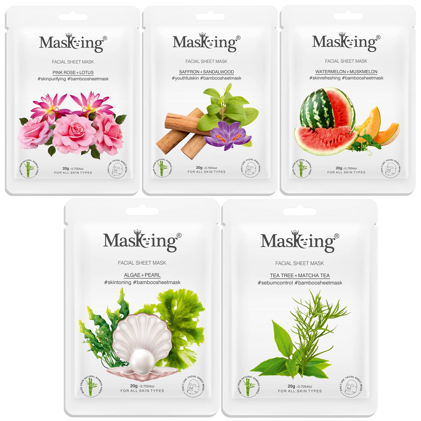 MasKing Bamboo Facial Sheet Mask of Pink Rose, Saffron, Algae, Watermelon & Tea Tree Ideal for Women & Men, 100ml (Combo Pack of 5)