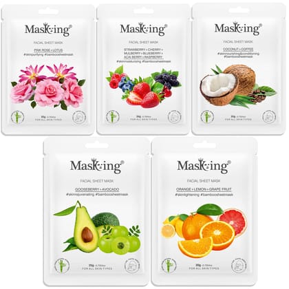 MasKing Bamboo Facial Sheet Mask of Pink Rose, Strawberry, Coffee, Gooseberry & Orange Ideal for Women & Men, 100ml (Combo Pack of 5)