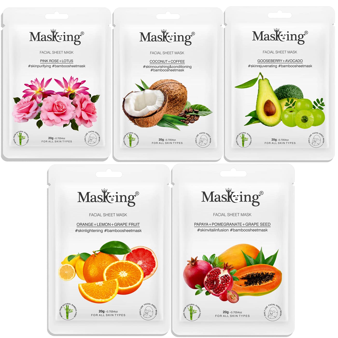 Masking Facial Sheet Mask of Pink Rose, Coffee, Gooseberry, Orange & Papaya Bamboo Sheet Based Ideal for Glowing skin Women Men (Combo Pack of 5)