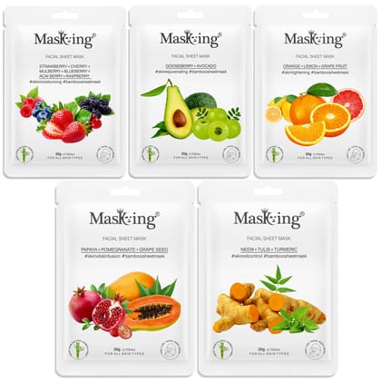 MasKing Bamboo Facial Sheet Mask of Strawberry, Gooseberry, Orange, Papaya & Neem Ideal for Women & Men, 100ml (Combo Pack of 5)