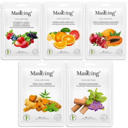 MasKing Bamboo Facial Sheet Mask of Strawberry, Orange, Papaya, Neem & Saffron Ideal for Women & Men, 100ml (Combo Pack of 5)