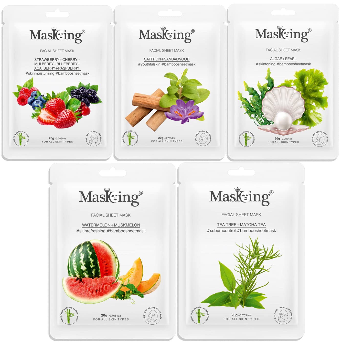 MasKing Bamboo Facial Sheet Mask of Strawberry, Saffron, Algae, Watermelon & Tea Tree Ideal for Women & Men, 100ml (Combo Pack of 5)