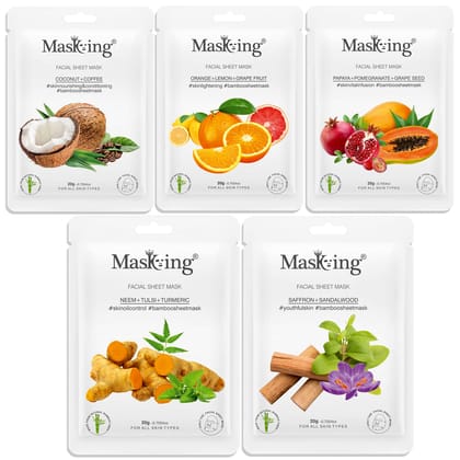 Masking Facial Sheet Mask of Coffee, Orange, Papaya, Neem & Saffron Bamboo Sheet Based Ideal for Glowing Skin Women Men (Combo Pack of 5)