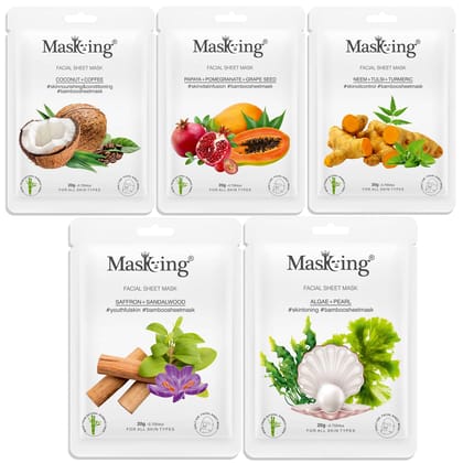 MasKing Bamboo Facial Sheet Mask of Coffee, Papaya, Neem, Saffron & Algae Ideal for Women & Men, 100ml (Combo Pack of 5)