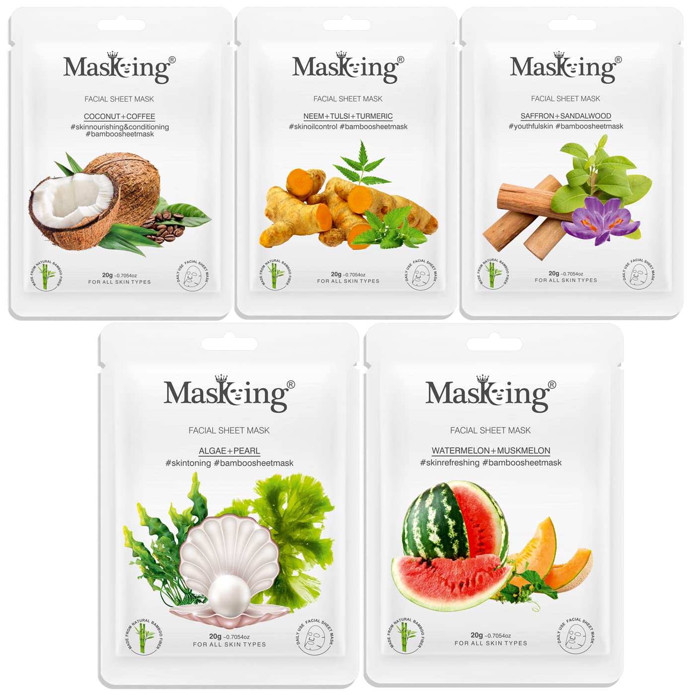 Masking Facial Sheet Mask Coffee, Neem, Saffron, Algae & Watermelon Bamboo Sheet Based Ideal for Women Men Combo Pack of 5