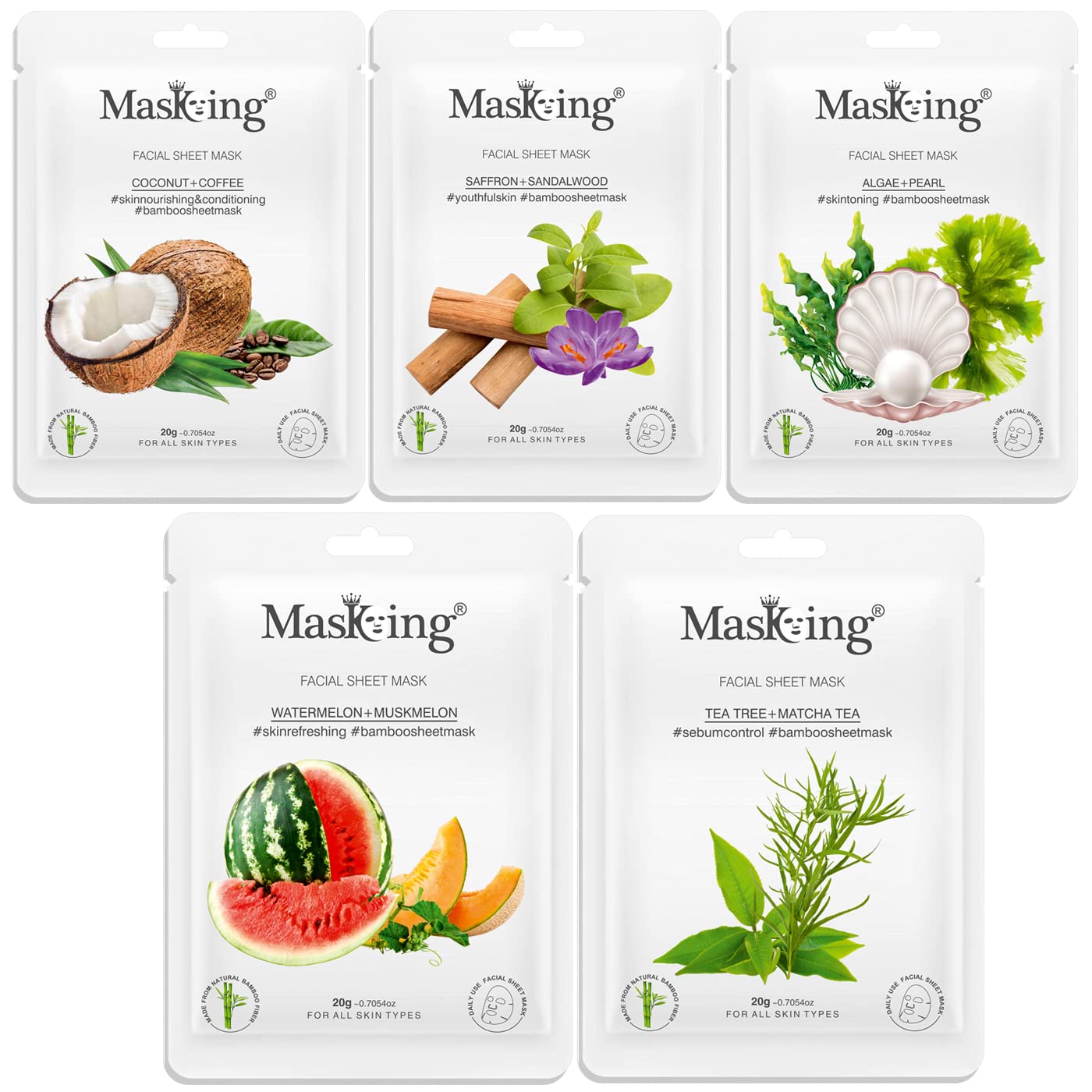 MasKing Bamboo Facial Sheet Mask of Coffee, Saffron, Algae, Watermelon & Tea Tree Ideal for Women & Men, 100ml (Combo Pack of 5)