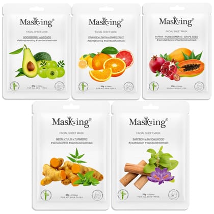 MasKing Bamboo Facial Sheet Mask of Gooseberry, Orange, Papaya, Neem & Saffron Ideal for Women & Men, 100ml (Combo Pack of 5)