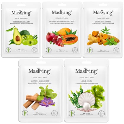 MasKing Bamboo Facial Sheet Mask of Gooseberry, Papaya, Neem, Saffron & Algae Ideal for Women & Men, 100ml (Combo Pack of 5)