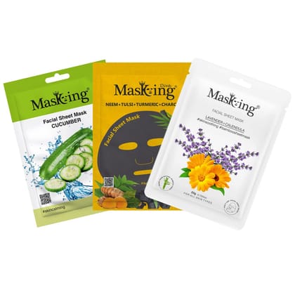 MasKing Beauty Facial Sheet Mask, 20g|Natural Bamboo Fiber Sheet Mask, 20g|Charcoal Sheet Mask, 25g|Cucumber, Lavender, Neem, Tulsi & Turmeric|For Calming, Smoothening, Anti Acne|Combo Pack of 3