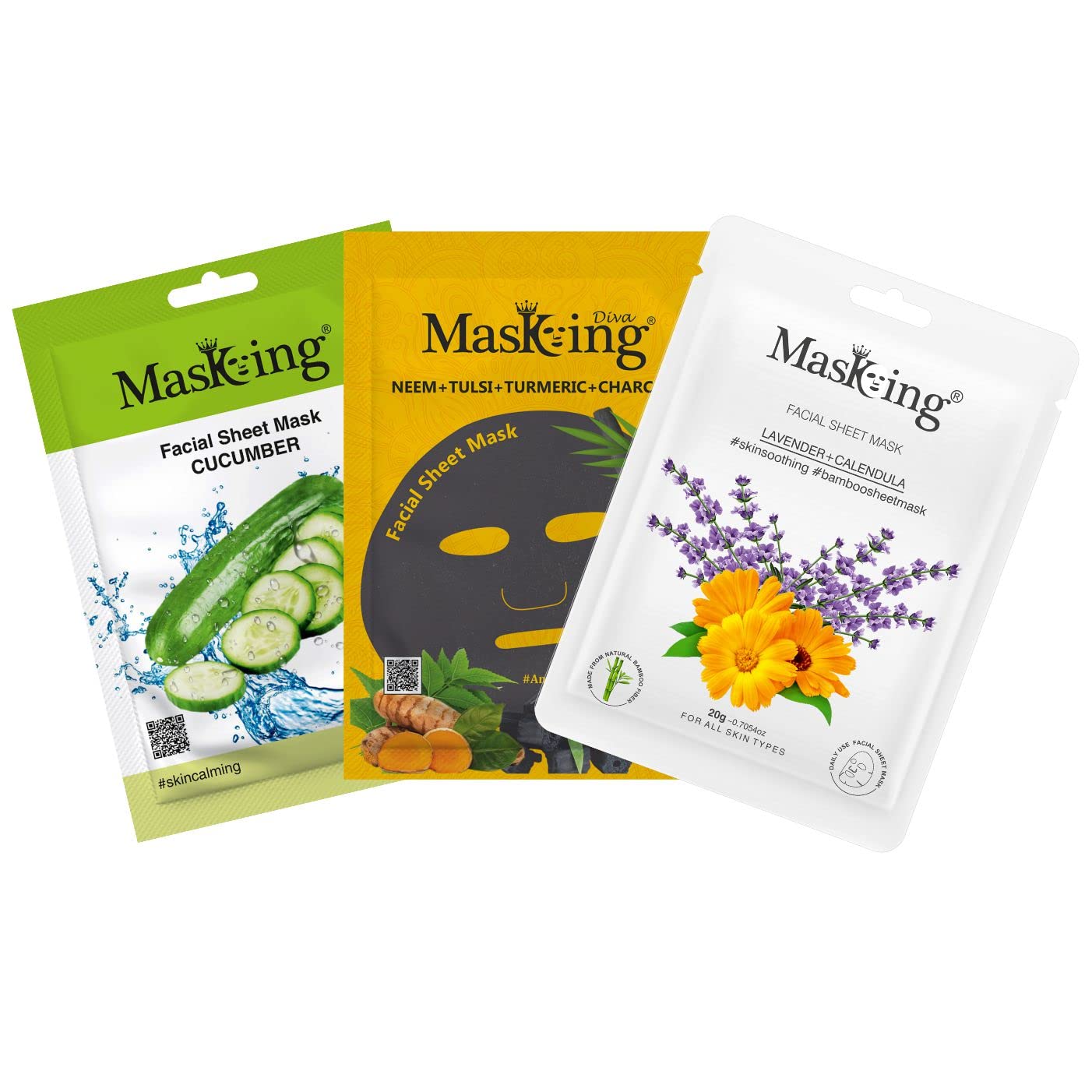 MasKing Beauty Facial Sheet Mask, 20g|Natural Bamboo Fiber Sheet Mask, 20g|Charcoal Sheet Mask, 25g|Cucumber, Lavender, Neem, Tulsi & Turmeric|For Calming, Smoothening, Anti Acne|Combo Pack of 3