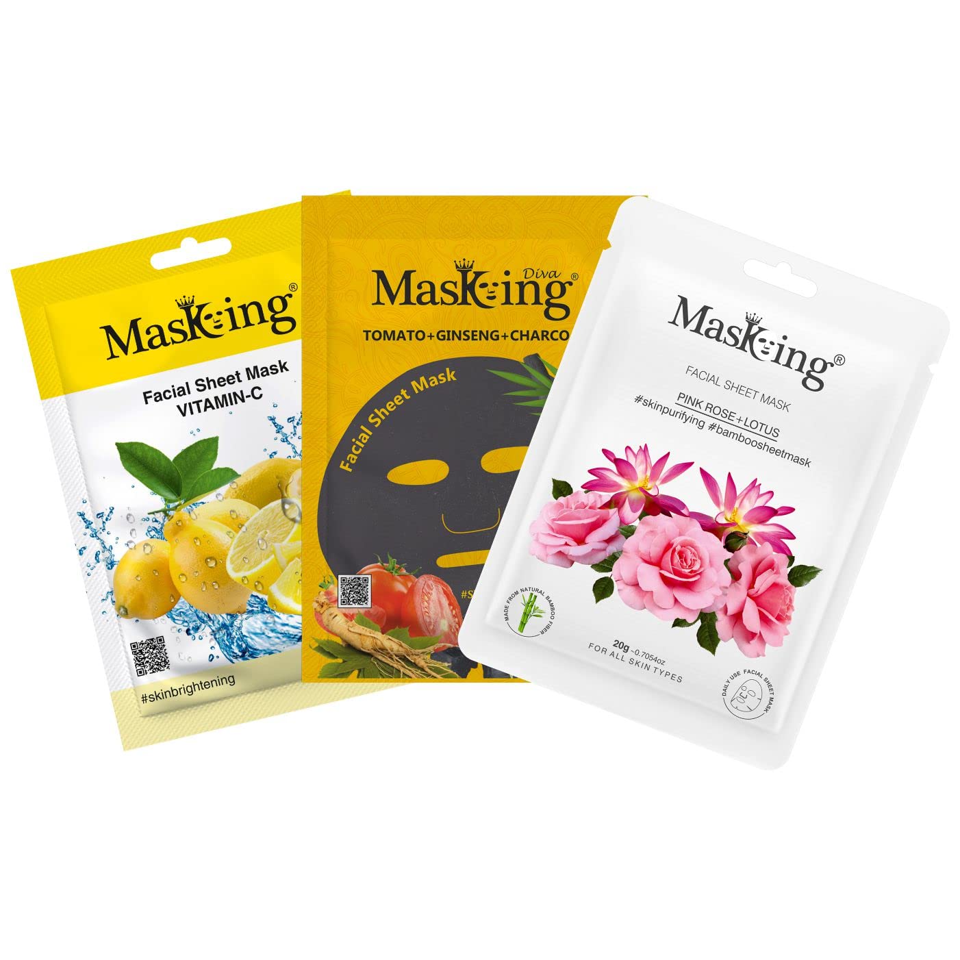 MasKing Beauty Facial Sheet Mask, 20g|Natural Bamboo Fiber Sheet Mask, 20g|Charcoal Sheet Mask, 25g|Lemon, Pink Rose, Tomato & Ginseng|For Skin Renewal, Brightening, Blackhead Removal|Combo Pack of 3