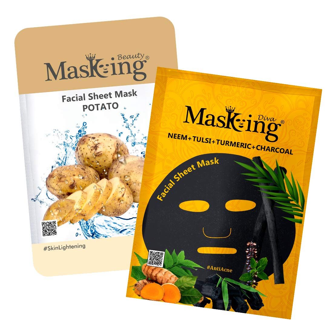 Masking Beauty Facial Sheet Mask of Potato for Skin Lightening 20ml (Pack Of 1) & Masking Diva Neem, Tulsi, Turmeric & Charcoal Facial Sheet Mask for Anti Acne 25ml (Pack Of 1) for Women & Men