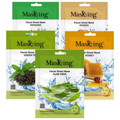 MasKing Beauty Facial Sheet Mask with Real Extract of Avocado, Potato, Green Tea, Honey & Aloe Vera for Skin Nourishing, Lightening, Hydrating, Moisturize & Glowing for Women & Men, 100ml (Combo Of 5)