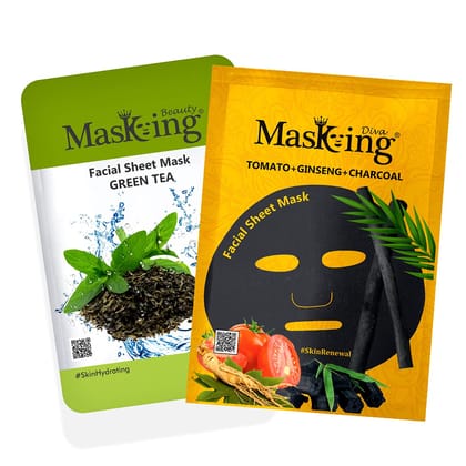 Masking Beauty Facial Sheet Mask of Green Tea for Skin Hydrating 20ml (Pack Of 1) & Masking Diva Tomato, Ginseng & Charcoal Facial Sheet Mask for Skin Renewal 25ml (Pack Of 1) for Women & Men