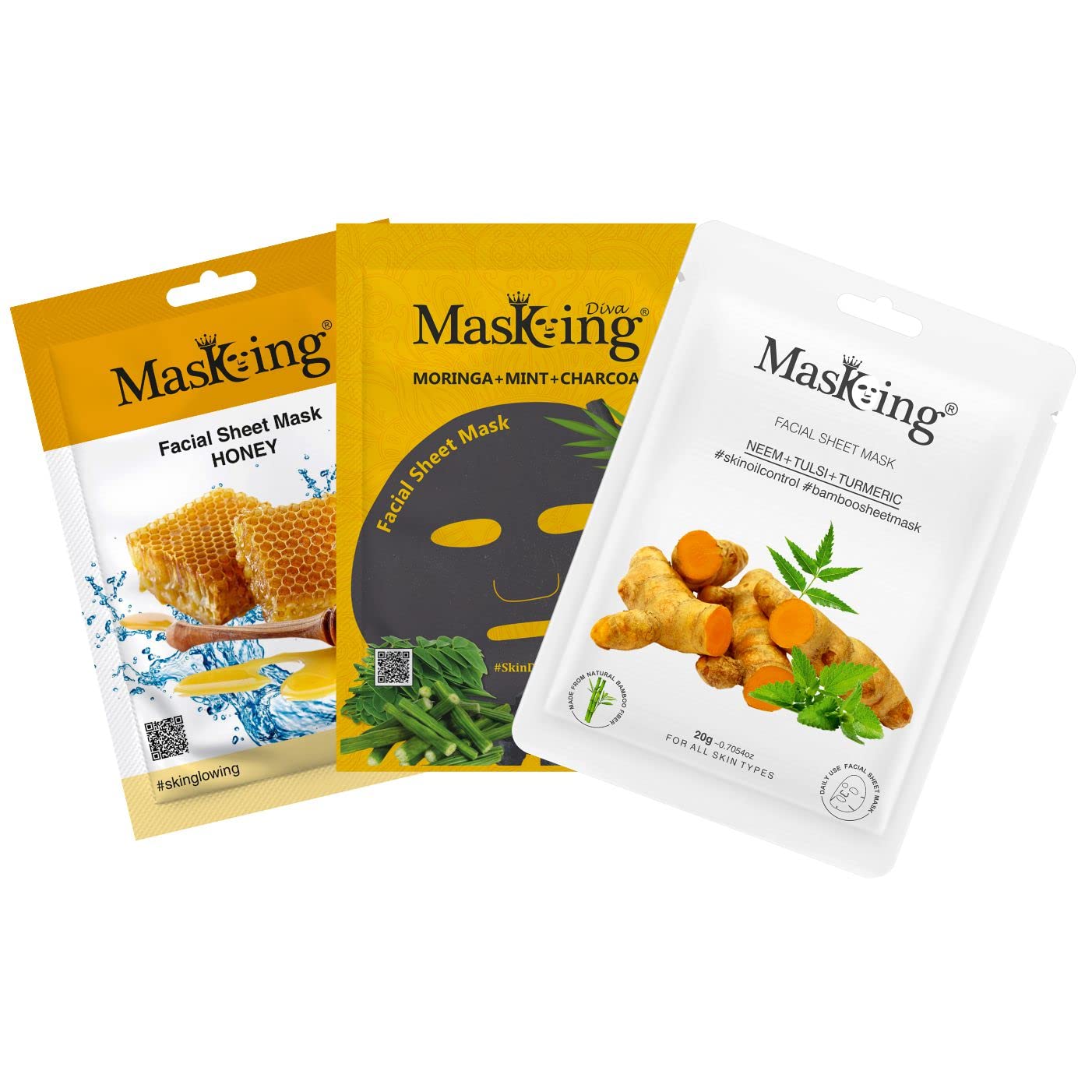 MasKing Beauty Facial Sheet Mask,|Natural Bamboo Fiber Sheet Mask, |Charcoal Sheet Mask, |Honey, Neem, Moringa & Mint|For Skin Detoxifying,|Combo Pack of 3