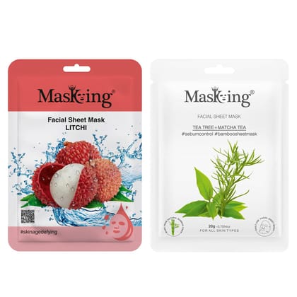 MasKing Beauty Facial Sheet Mask of Litchi (20g) & Bamboo Facial Sheet Mask of Tea Tree & Matcha Tea (20g) Ideal for Women & Men (Combo Pack of 2)