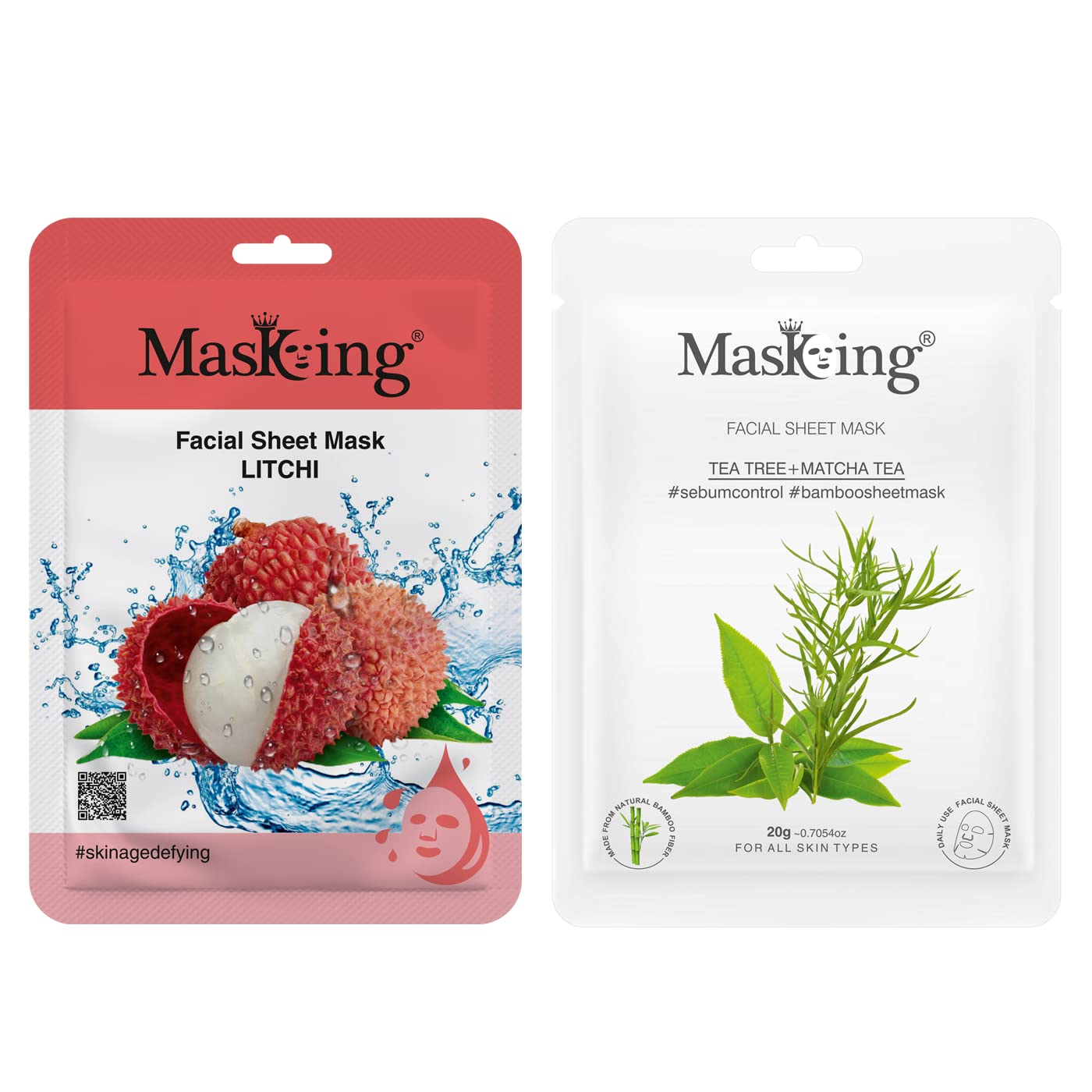 MasKing Beauty Facial Sheet Mask of Litchi (20g) & Bamboo Facial Sheet Mask of Tea Tree & Matcha Tea (20g) Ideal for Women & Men (Combo Pack of 2)