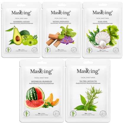 MasKing Bamboo Facial Sheet Mask of Orange, Saffron, Algae, Watermelon & Tea Tree Ideal for Women & Men, 100ml (Combo Pack of 5)