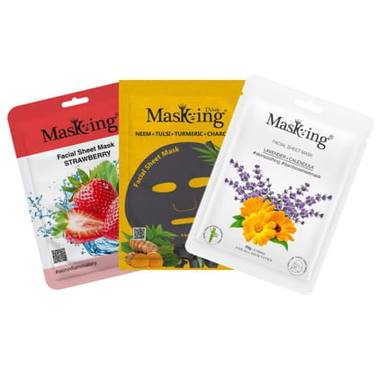 MasKing Beauty Facial Sheet Mask, |Natural Bamboo Fiber Sheet Mask,|Charcoal Sheet Mask, |Strawberry, Watermelon, Neem, Tulsi & Turmeric|For glowing & fairness | Combo Pack of 3