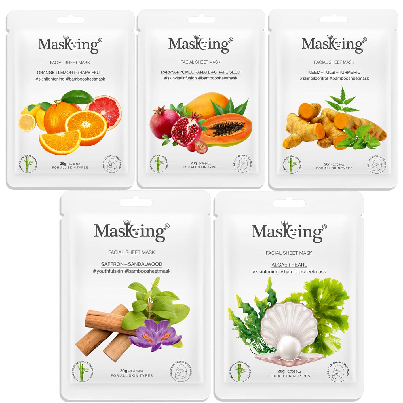 MasKing Bamboo Facial Sheet Mask of Orange, Papaya, Neem, Saffron & Algae Ideal for Women & Men, 100ml (Combo Pack of 5)