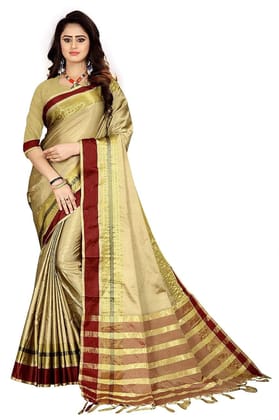 Women's Pure Soft Cotton Silk Saree With Atteched Blouse (golden-Maroon)