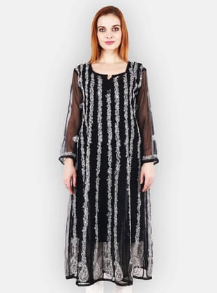 Women’s Lucknow pure gorgette Chikankari long length sky black color with hand embroidery Kurti