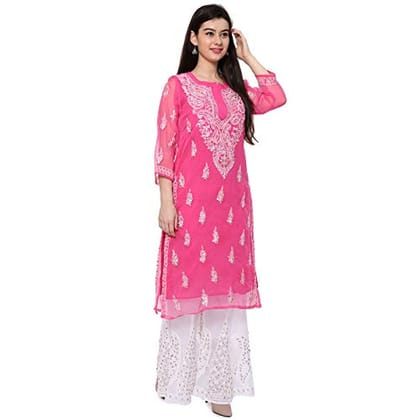 Women's Magenta Georgette Long Length Kurti Kurta with Chikankari Hand Embroidery and Gota Patti Work