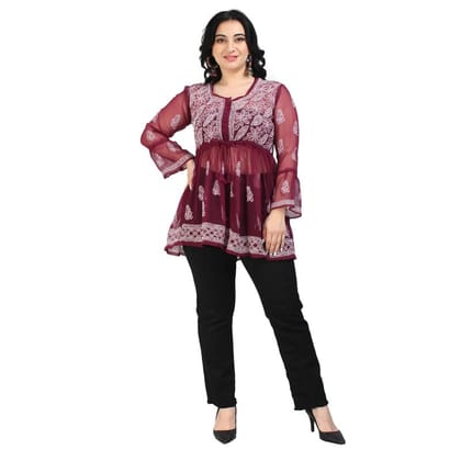 Georgette Wine Color lakhnawi Chikankari Frock Style Short Kurti Tunic