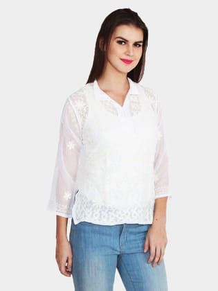 Women’s Chikankari Faux Georgette White Pure Cotton Short Shirt Style Kurta