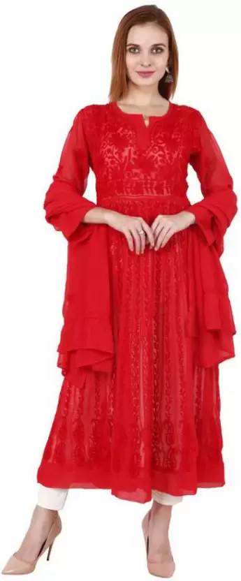 Women Chikan Embroidery Georgette Ethnic Dress  (Red)