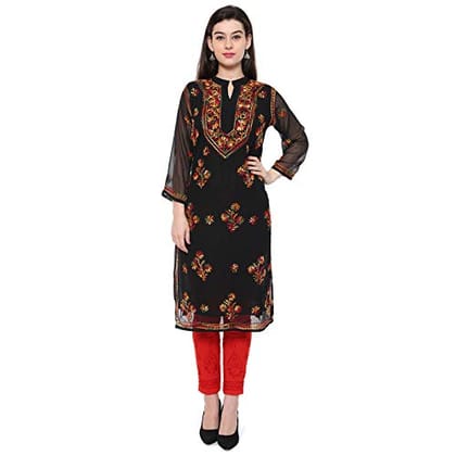 Women's Black Georgette Long Length Kurti with Multicolor Lakhnawi Chikankari Hand Embroidery