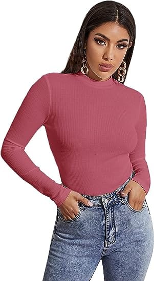 Women's Mock Neck Turtleneck Shirt Long Sleeve Ribbed Knit Slim Fit Tee Tops