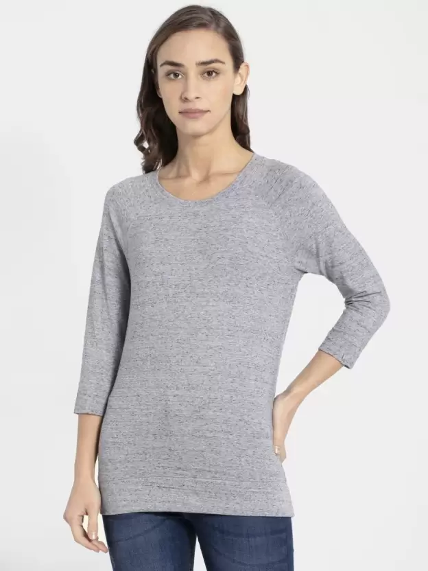 Women Self Design Round Neck Viscose Rayon Grey T-Shirt