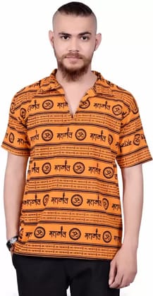 Men Printed Polo Neck Cotton Blend Orange T-Shirt