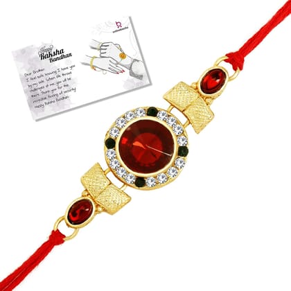 IVE EVIL Beautiful Gold plated Stone Work Rakhi for Brother Sister with Raksha Bandhan Greeting Card having Traditional Ethnic Unique Design Specially Hand Made by Indian Craftsmen