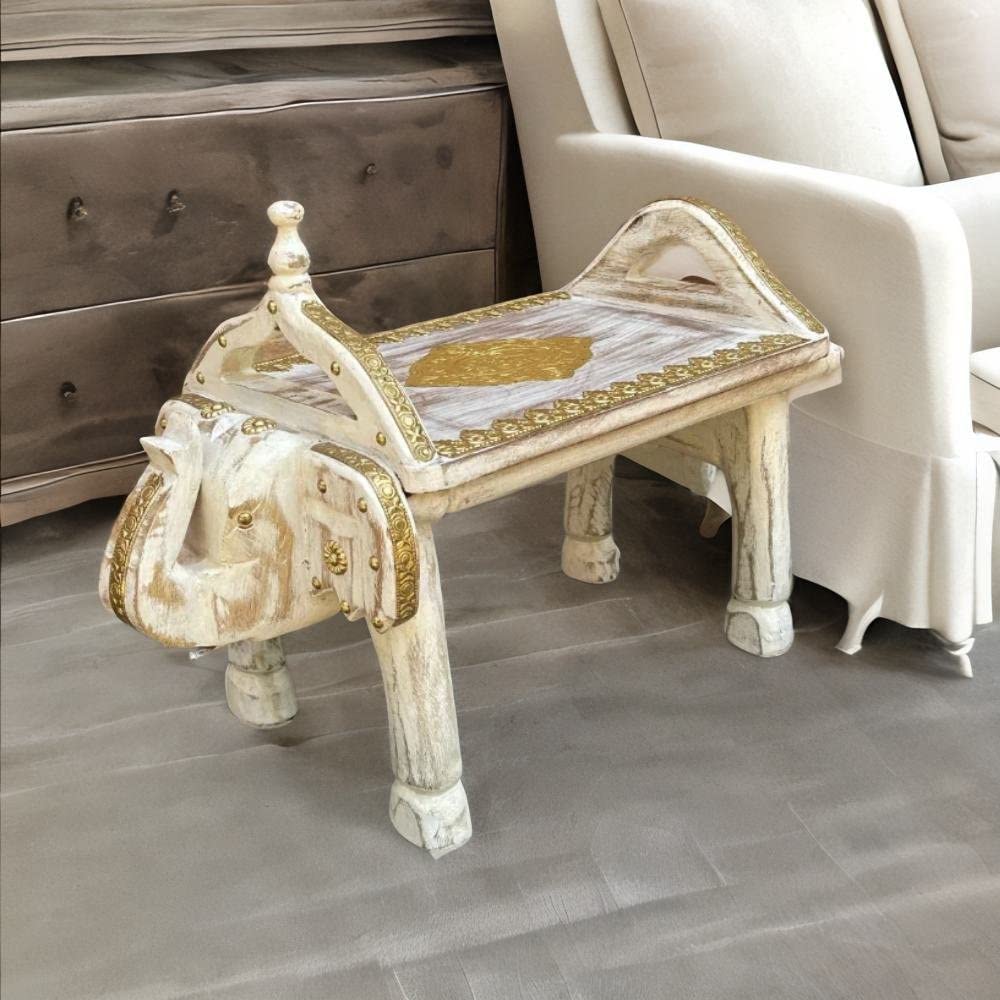 VMAntique Decor Handicraft Drawing-Room Coffee Table Cum Dining-Table,Brass-Embossed Wooden Lamp-Table,Home Living Showpiece Elephant-Table