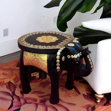 VM ANTIQUE DECOR Handicraft Drawing-Room Decors Showpiece Elephant-Table,Brass-Embossed Wooden Decorative Table, Luxurious Lamp-Table for Bedroom-Decoration