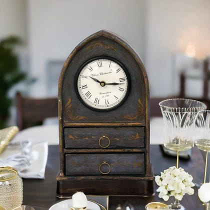 VMAntique Decor Handicraft Showpiece Table-Clock, Wooden Floral Painted Drawer-Clock,Gift Item Table-Clock, Study-Office-Drawing Room Decors Table-Clock