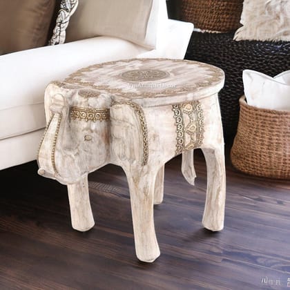 VM ANTIQUE DECOR Handicraft Showpiece Elephant Table,Wooden Distressed White Coffee Table Cum Coctail Table, Home Decors Lamp-Table