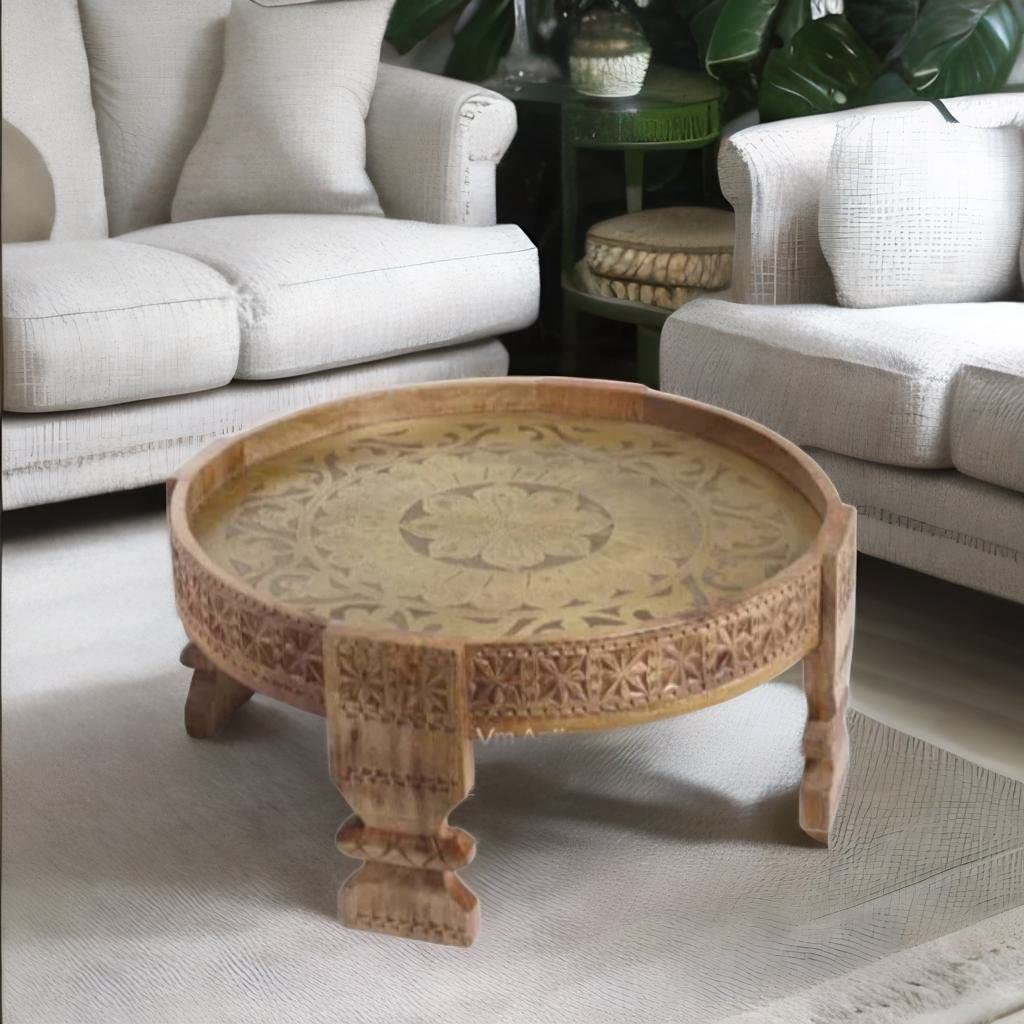 VM ANTIQUE DECOR Drawing-Room Decors Brass Embossed Handicraft Round Coffee Table Cum Gathering-Table,Wooden Carved Lamp-Table,Multipurpose Showpiece Chakki-Table for Home/Office