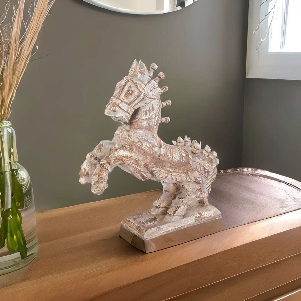 Vm Antique Decor Handicraft Table Decors Running Horse-Statue,Distressed-White Wooden Showpiece Horse-Statue,Home Living Horse-Statue for Decoration