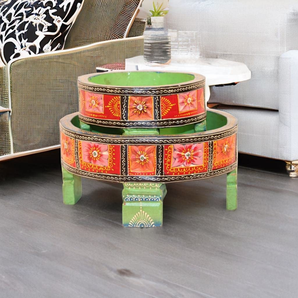 Dastkari Chakki Table, Handicraft Nightstand Table, Painted Coffee Table, Furniture Cake Stand Table, Bedside Table, Decorative Side Table