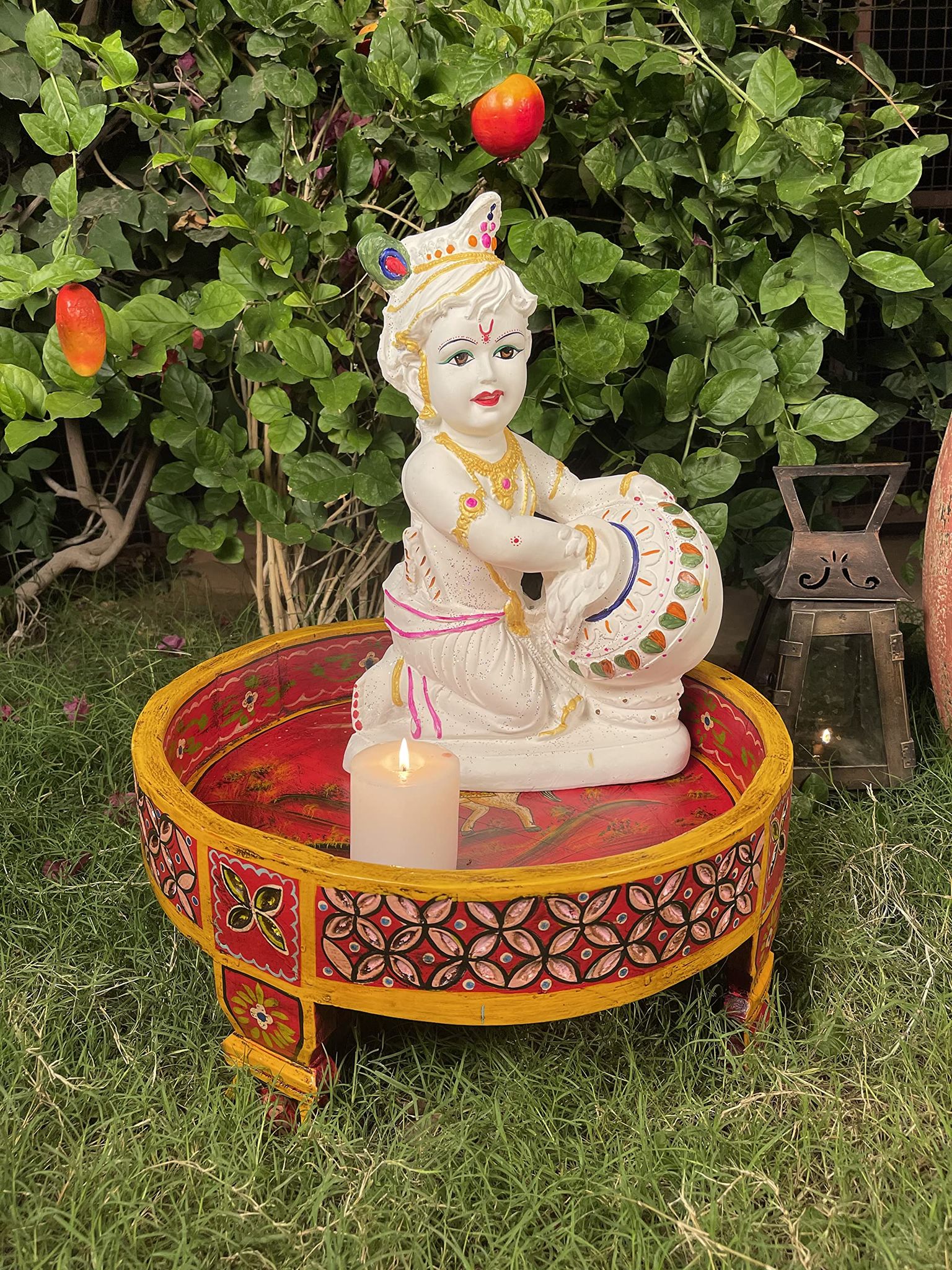 VM ANTIQUE DECOR Handicraft Home-Living Multipurpose Chakki-Table,Beautiful Painted Carved Wooden Grinder-Table,Drawing Room Decors Round Coffee-Table